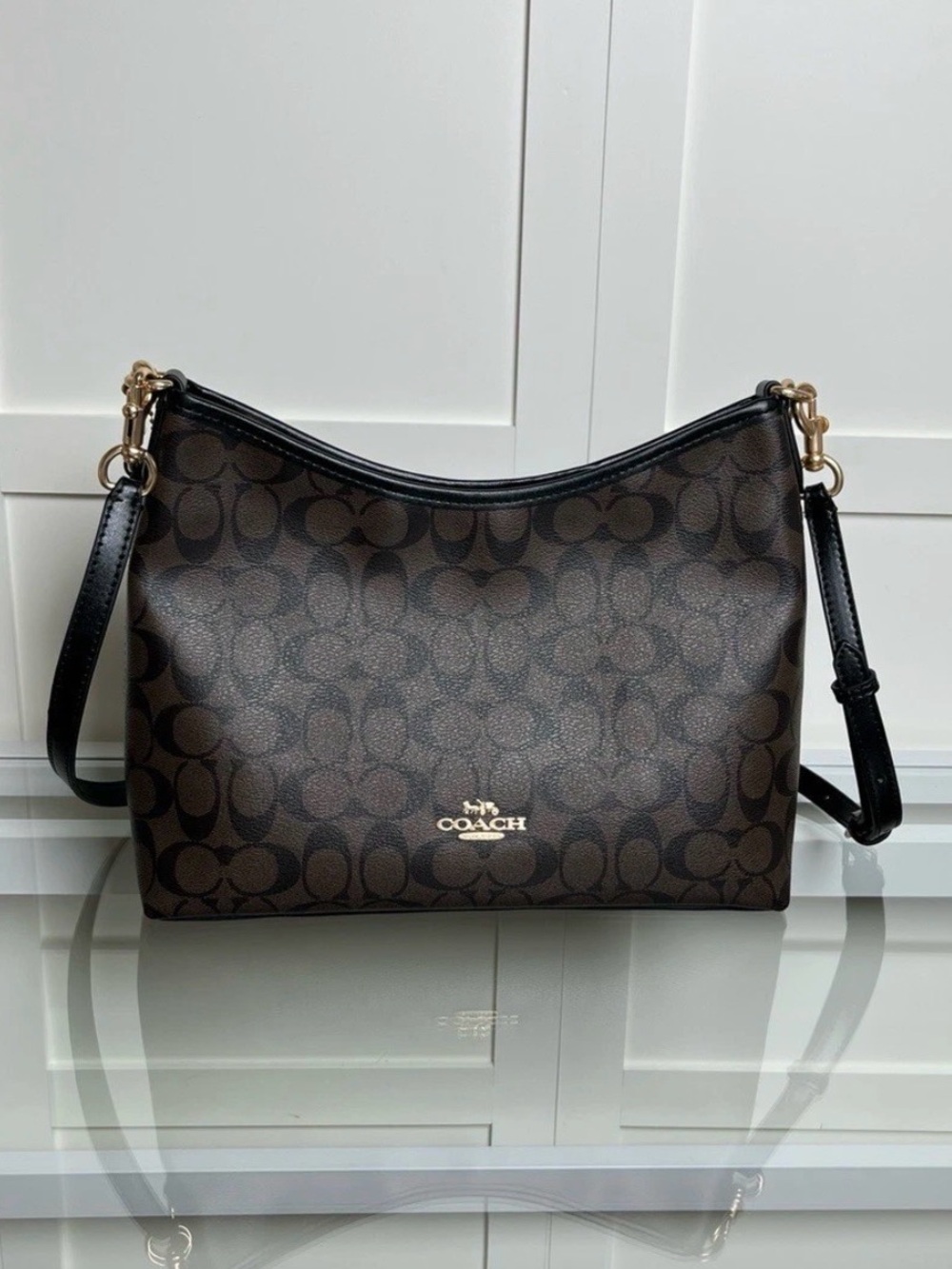Coach Brown Signature Monogram Shoulder Bag with Gold Hardware
